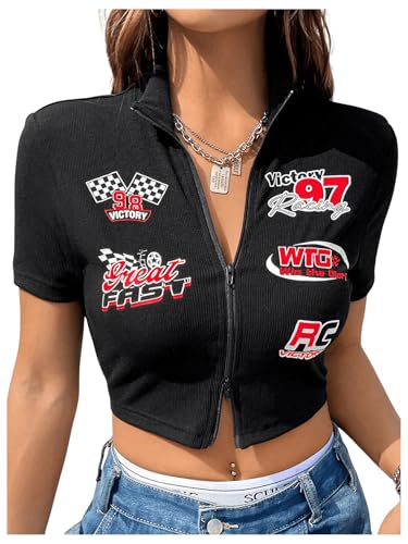 SweatyRocks Women's Letter Graphic Zip Up T Shirts Collar Short Sleeve Slim Fit Crop Tops