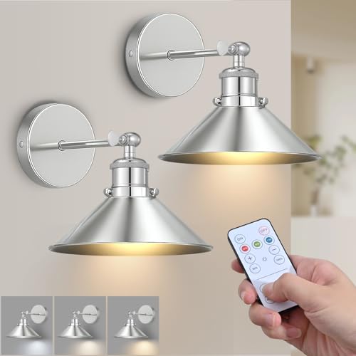 Image of Battery Operated Wall Sconce Set of 2,Vintage Wireless Wall Sconces with Remote,Dimmable Led Wall Lights,Wall Lamp Fixture Indoor Bedroom Living Room Kitchen,LED Bulbs Included,Silver