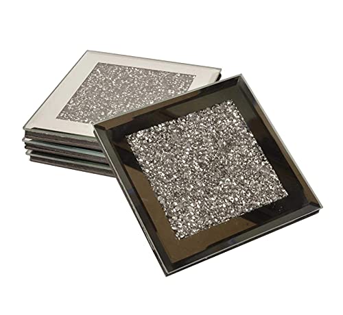Stunning 4 Piece Set Glass Coasters For Coffee/Tea Cups Filled With Crushed Diamonds In Silver To Bling Your Home Decor #TOP3