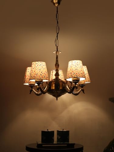 Image of Devansh 05-Light Printed Conical Multicolor Cotton Shade Chandelier - Antique Golden Finish | Adjustable Cord | Warm Glow Lamp - Ceiling Light for Living Room, Dining Area, BedroomDecor - D3