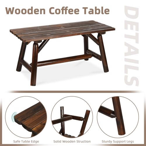 Image of 2-Piece Wooden Wagon Wheel Bench Set with Coffee Table, 2-Person Rustic Wood Garden Bench W /Wagon Wheel Armrests & Slatted Backrest, Outdoor Patio Loveseat Furniture Set for Lawn Yard Park