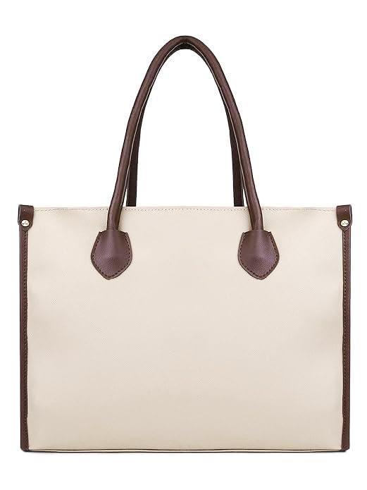 Image of KEALIN Women Stylish Cream Tote Bag with Double Chain Handles | Large Capacity Shoulder Handbag | PU Leather Office, Shopping & Travel Handbag for Women & Girls