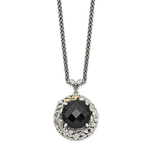 Solid 925 Sterling Silver 14k Yellow Gold Vintage Antiqued Onyx Pendant Necklace Charm Chain - with Secure Lobster Lock Clasp 18