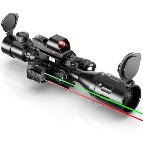 4-16x50 AO Rifle Scope Combo Red/Green Dual Illuminated Optics with Tail Switch Green Laser Sight Reflex 4 Holographic Reticle Red/Green Dot Sight for Rail Mount 5 Modes Flashlight