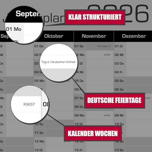 Jahresplaner, Wandkalender 2026 groß (84 x 59 cm) GEROLLT in Poster Größe. Querformat, GEROLLT - Kalender 2026 Wandkalender