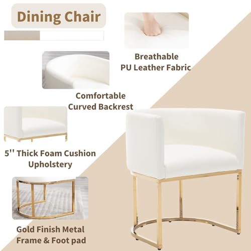 Image of HNY Mid Century Modern Upholstered Barrel Dining Chair with Arms, Leather Kitchen & Dining Room Chair, 18.5 inch Wide Accent Chair for Dining Room Living Room with Gold Metal Frame, White