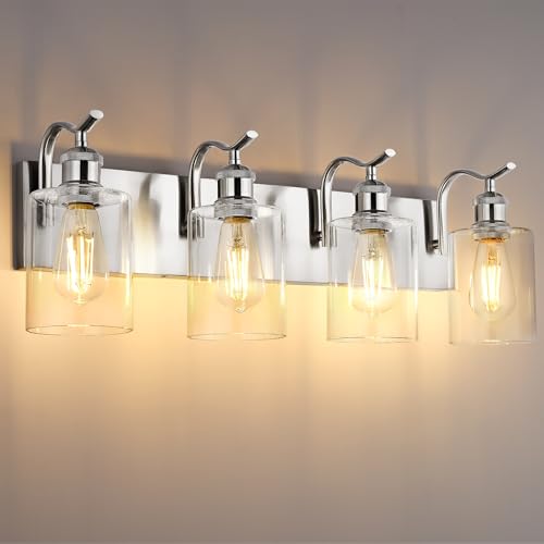 Image of 4-Light Bathroom Vanity Light, Brushed Nickel Wall Sconce, Modern Bathroom Light with Clear Glass, VL01BN-4