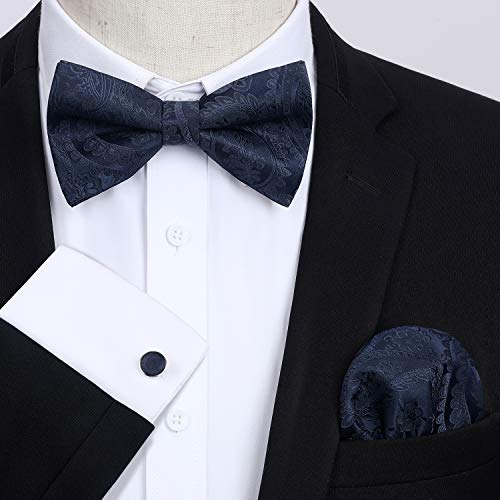 Image of HISDERN Bow Ties for Men Pretied Bow Tie Set Paisley Classic Bowties and Pocket Square Cufflinks Set for Wedding Party