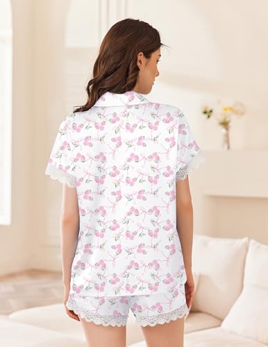 Image of Ekouaer Womens Lace Satin Pajama Set Button Down Pj Shorts Set Bridesmaids Getting Ready Outfits Casual Sleepwear XS-XXL