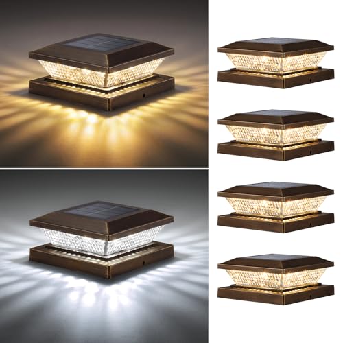 Mlambert 4x4 Solar Post Cap Lights Outdoor 4 Pack, Waterproof Solar Fence Light for Wooden/Vinyl Post, 2 Color Outside Deck Patio Porch Decor, Brown