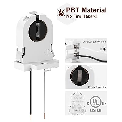 JACKYLED Screw Type T8 Lamp Holder with Wires 50-Pack UL Non-shunted Tombstone Light Socket for LED Fluorescent Tube Replacements