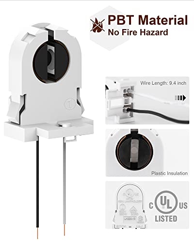 20-Pack JACKYLED Screw Type T8 Lamp Holder with Wires UL Non-shunted Tombstone Light Socket for LED Fluorescent Tube Replacements