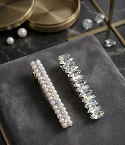 Image of Pearl & Crystal Hair Clips Set for Women, Elegant Rhinestone Barrettes, Stylish Hair Pins for Party, Wedding, Daily Wear - Pack of 2