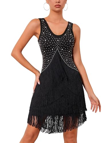 OMEWEE Fransen Kleider Damen Ärmellos Glitzer Strass Quaste...