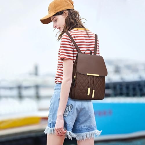 Image of KKXIU Quilted Trendy Leather Backpack Purse for Women and Ladies Shoulder Travel Daypacks Bags (Coffee)