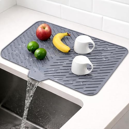 Image of Extra Large Silicone Dish Drying Mat for Kitchen Countertop (58 x 43 cm) | Built-in Drain Lip Water Draining Utensil Mat | Heat-Resistant, Anti-Slip Sink & Counter Protection Mat (Gray)