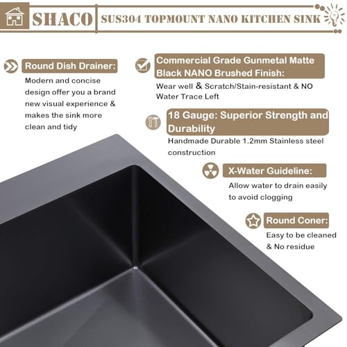 Image of SHACO 28 Inch Drop in Black Kitchen Sink, Gunmetal Black Top Mount Stainless Steel 9 Inch Deep Single Bowl Laundry Utility Wet Prep Sink