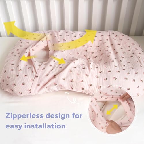 Image of FUNUPUP Muslin Baby Lounger Cover Only, Pink & Pink Flower | 100% Muslin Cotton Soft Breathable Easy On /Off Envelope Closure Machine Washable Easy-Clean Protector Neutral Colors