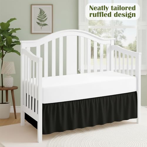 Image of Luxury Crib Bed Skirt 28 inch x 52 inch with 14 Inch Drop Soft & Breathable Dust Ruffle Fits Standard Crib and Toddler Bed Nursery Microfiber Fabric Ruffle Bed Skirt for Baby Boys or Girls Black Solid