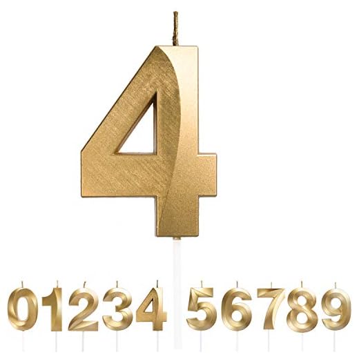 URAQT Velas Cumpleaños, Velas de Pastel de Cumpleaños Doradas, Velas de Números 4 para Cumpleaños/Aniversario de Bodas/Fiesta de Graduación, Número 0-9 para Elegir