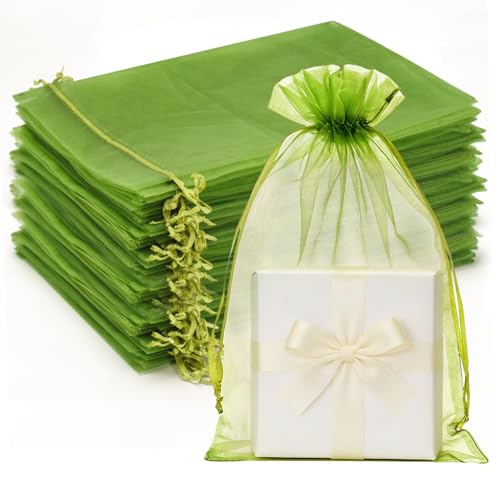 G2PLUS Salbei Grün Organzasäckchen 20x30cm: Groß Hochzeit Geschenk Organzabeutel 50 Stück Organza-Beutelchen mit Kordelzug Sie als Hochzeit Bonbonsbeutel Schmuckbeutel Geschenkbeutel