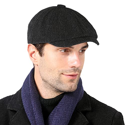 Yolev Men Wool Blend Newsboy Cap 8 Panel Hat Tweed Cap Herringbone Cabbie Flat Cap For Men Flat Cap Irish Cabbie Gatsby Cap Fishing Cap Golf Cap Black #TOP2