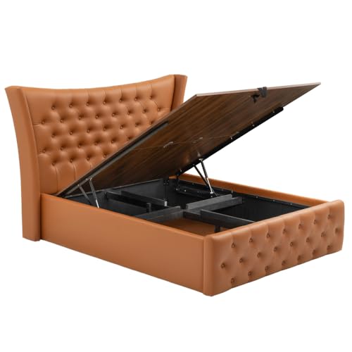 Image of Wakefit Bed | Queen (78 X 60) Solid Wood Bed, Upholstered, Hydraulic, 3 Year Warranty | - Lovejoy - Tan Brown