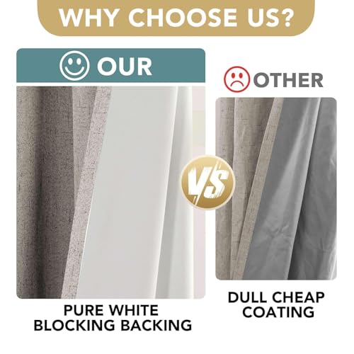 Image of H.VERSAILTEX Linen Curtains 100% Blackout Curtains for Bedroom 102 inch Long Full Light Blocking Nature Linen Blended Window Curtains for Living Room Nickel Grommet (2 Panels, Stone)