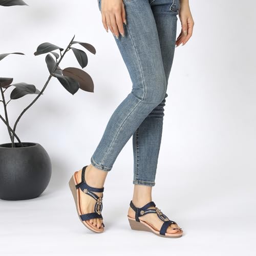 Image of Wedge Sandals for Women Dressy, Woman's Sandal Comfortable Low Wedges Heels Ankle Elastic Strap Sandles with Flower Rhinestones