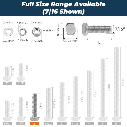 Image of 8 Sets Glvaner 7 /16-14 x 2 inch Stainless Steel Hex Head Screws Bolts, Nuts, Flat & Lock Washers, 18-8 (304) Stainless Steel, Full Thread, Coarse Thread