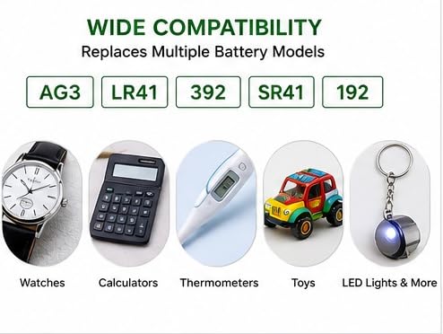 Image of LR41 Battery 1.5V Alkaline Button Cell Coin - AG3 392 SR41 192 Compatible - Long Lasting & Leak Proof - Ideal for Watches, Toys, Calculators, Thermometers & LED Lights - Pack of 10-SSUO