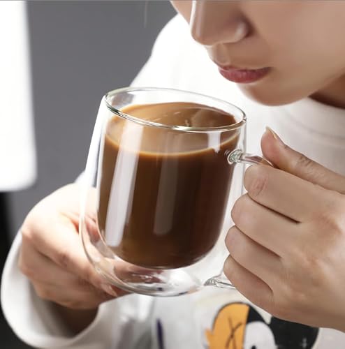 Image of Double Wall Glass Coffee Mugs - Glass Double Layer Tea & Coffee Cup Double Walled Glass Mugs for hot & Cold Drinks Coffee Tea Milk cappuchino Juice (240ML Mug, 2 Pieces) (MCV-9)