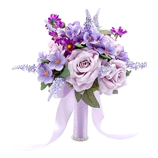 Floinla Lavender Purple Wedding Bouquets for Bride Bridesmaid Artificial Roses Flowers Lilac Bridal Bouquet for Rustic French Vintage Formal Wedding Church Home Decoration