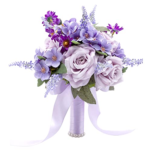 Floinla Ramos de Boda de Color Morado Lavanda para Novia, Dama de Honor, Rosas Artificiales, Flores Lilas, Ramo de Novia para rústico, francés, Vintage, Formal, Boda, Iglesia, decoración del hogar