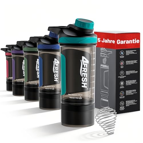 4FRESH Botella Shaker Proteínas 500 ml de Tritan, Sin BPA con Escala y Cierre Magnético, Shaker Premium con Mezclador Espiral y Compartimento para Polvo y Cápsulas, Ideal para Fitness y Gimnasio