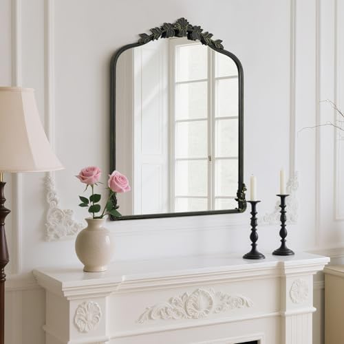 Image of WallBeyond Black Antique Mirror for Vanity 24x32 Inch, Black Vintage Mirror with Ornate Frame, Arched Vintage Wall for Bathroom, Living Room, Fireplace