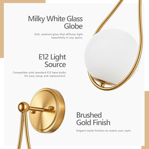 Image of Mid-Century Wall Sconces Set of 2 Gold | Modern Globe Wall Lighting Indoor Hardwired Wall Lights for Hallway Office Porch Bedroom Living Room Stairway