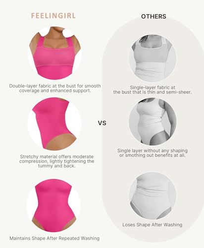 Image of FeelinGirl Bodysuits for Women Seamless Square Neck Tummy Control Compression Thong Shapewear Bodysuit Tank Tops Bodysuit