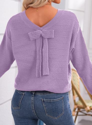 Image of EVALESS Sweaters for Women Long Sleeve Fall Outfits 2026 Back Bow Knot Sweaters Round Neck Solid Knit Pullover Tops