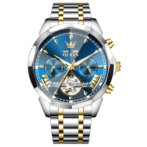 Image of OLEVS Watch Men Luxury Automatic Self Winding Blue Face Two Tone Watch