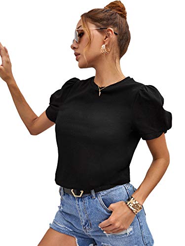 Sweatyrocks Women's Summer Short Puff Sleeve Tee Top Round Neck T-Shirt Black M #TOP2