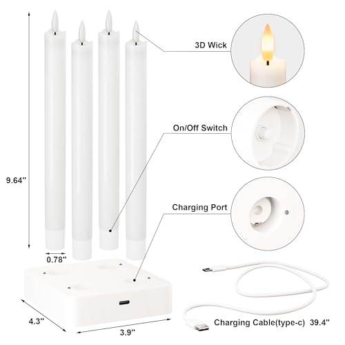 Image of Flameless Taper Candles with Rmote, 9.6 inch Real Wax Rechargeable Battery Operated Candles, Led Candle Flickering Candlesticks, Electric Candle for Home, Wedding, Party, Decor, White