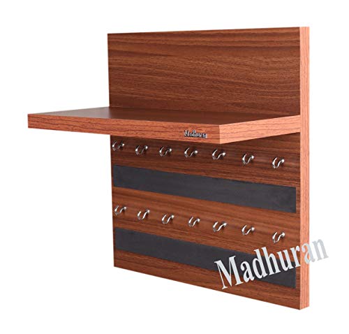 Image of Madhuran Rcbi Engineered Wood Wall Hanging Display Key Holders Stand Shelves (14 Hooks Teak) Keychain Holder Home Decor Stylish Stand Multipurpose Hanger Self Shelf