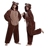 ANMIBOBU Unisex Adult Onesie Pajamas Animal Cosplay Halloween Costume One Piece Plush Sleepwear Homewear(Brown Bear-S)