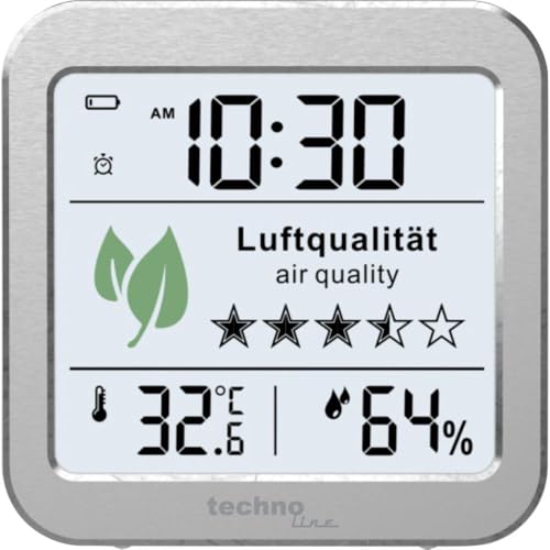 WL1020 Luftgüteanzeige, Temperatur & Luftfeuchtigkeit, TVOC-Sensor, 5-Sterne-Bewertung, Alarm, 12/24h-Format und Schlummerfunktion – Weiß mit...