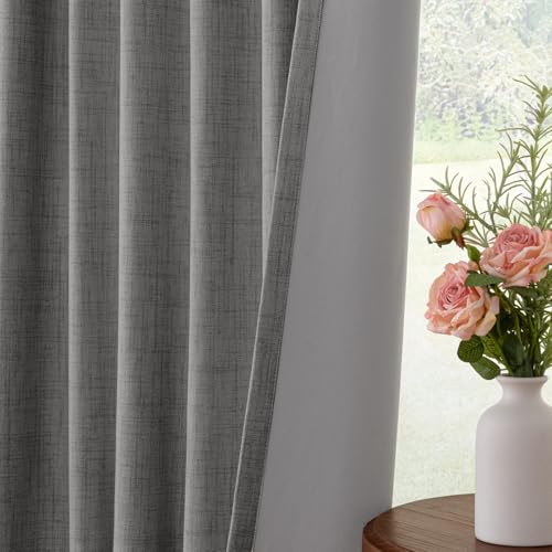 Image of INOVADAY 100% Blackout Curtains for Bedroom, Dark Grey Black Out Curtains 63 Inch Long, Clip Rings Linen Blackout Drapes, Thermal Insulated Room Darkening for Living Room, 2 Panels - W50xL63