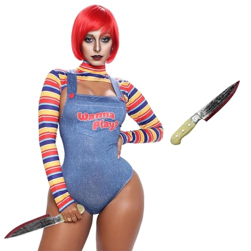 HarnyLoom Chucky Kostüm Damen, Chucky Outfit Oberteile Overall für Mädchen Puppe Killer Kostüm für Halloween Karneval Party (XL)