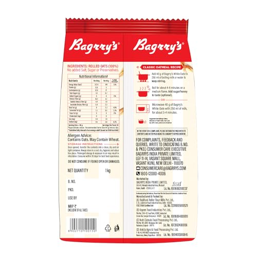 Image of Bagrry's White Oats 1Kg | Breakfast Cereal, Instant Oats Breakfast, Natural Whole Grain| High Soluble Fibre | Protein Goodness | Non GMO (Pack of 2)