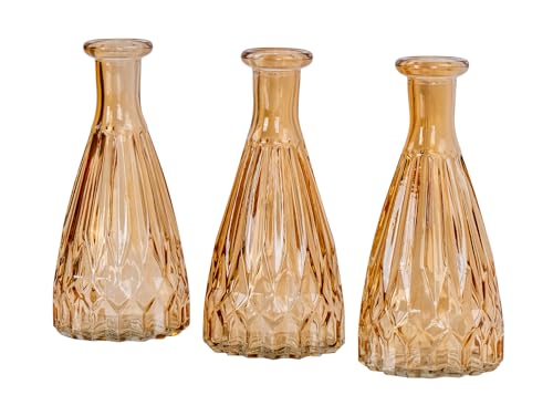Juego de 3 jarrones de cristal, altura de 15 cm, color ámbar y naranja, decoración de mesa, jarrón de cristal vintage