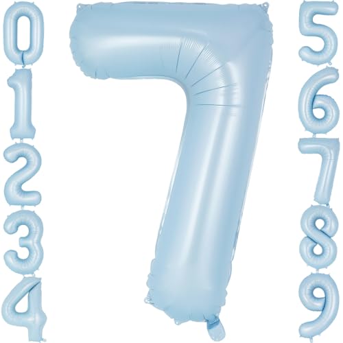 Image of Light Blue Number 7 Balloon, 40 Inch Big Large Foil Number Balloons, Giant Mylar Number 7 Balloons for 7 Year old Birthday Baby Party Decorations Supplies Anniversary